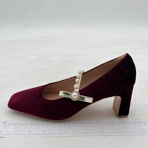 Wine Women's Square Toe Chunky Heel Slip On Mary Jane Pearl Single Strap Pumps